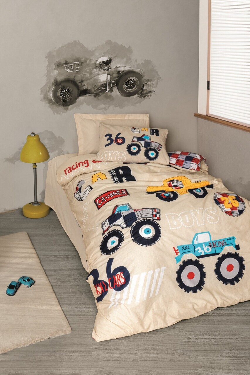 Lenjerie de pat pentru o persoana Young, L'essentiel Maison, Cars, Bumbac Ranforce, Bej - imagine 3